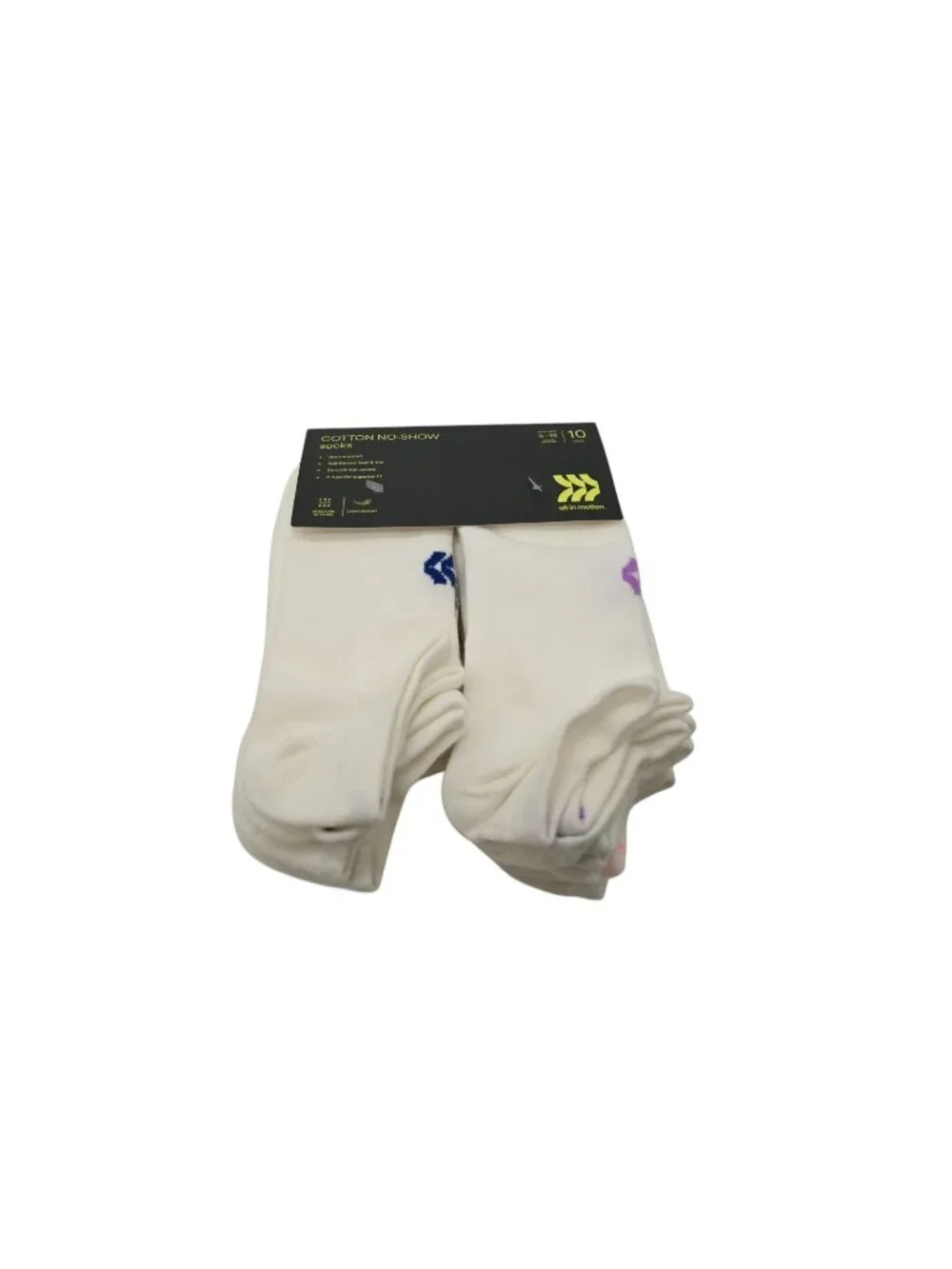 NIP All in Motion 10 Pack Cotton No Show Socks Sz 4-10 White Arch Support Casual